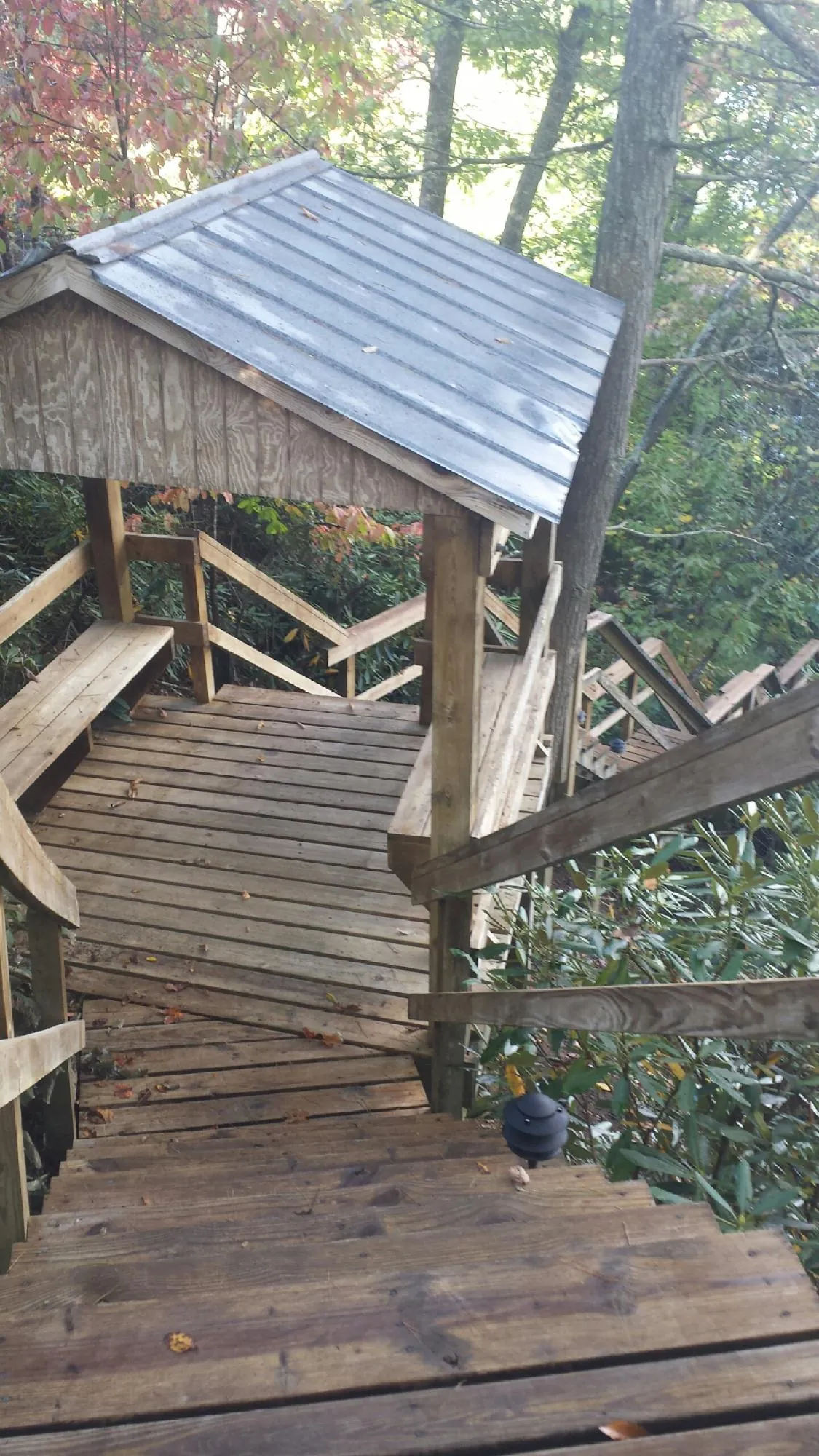 Metal roofed shelter over wooden steps on a wooded walkway — Skylight Repair & Installation work by our crew in Partlow